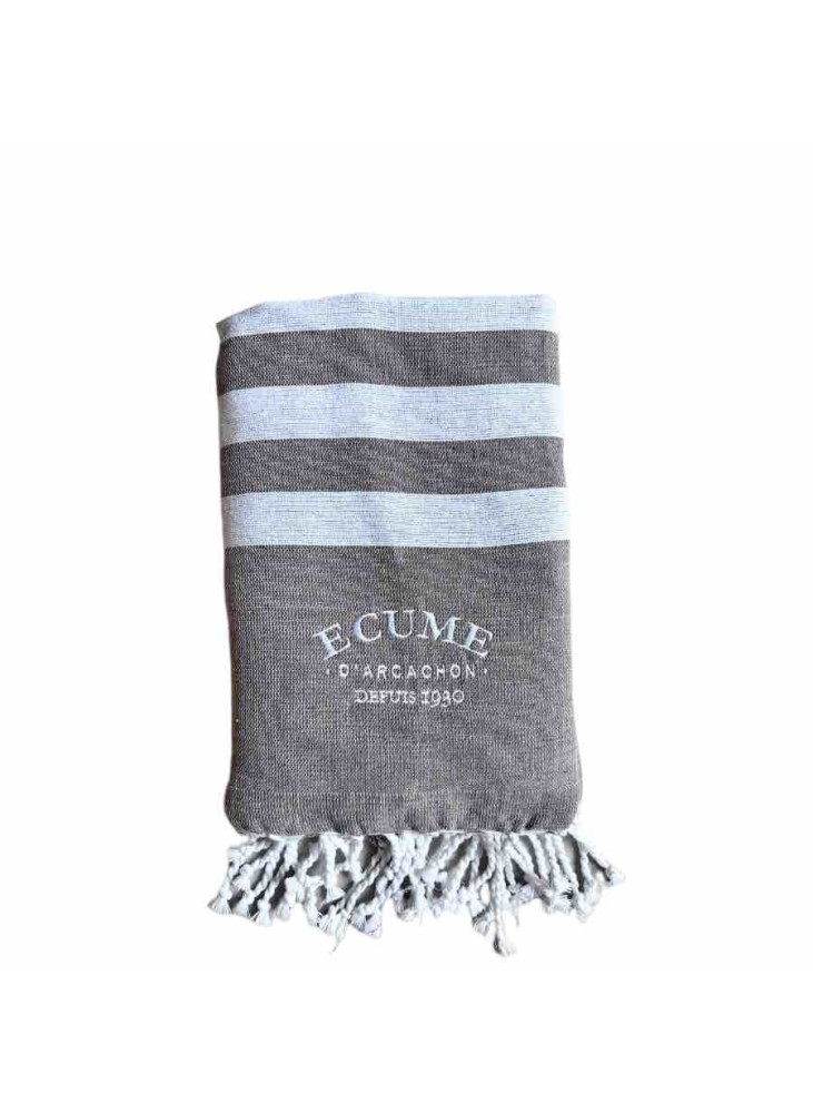 FOUTA ÉPONGE RAYÉE BLANC ET TAUPE. BRODERIE ÉCUME D'ARCACHON