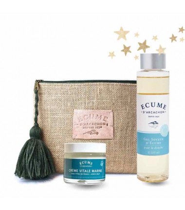 Coffret soin avec trousse, crème visage et gel de douche