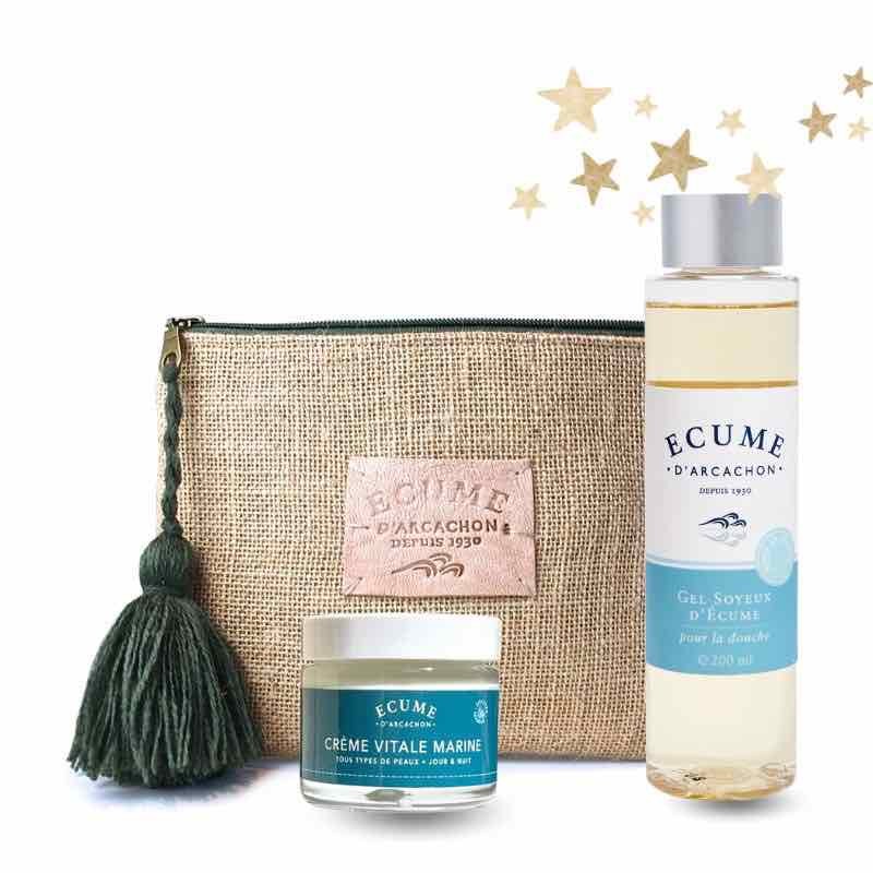 Coffret soin avec trousse, crème visage et gel de douche