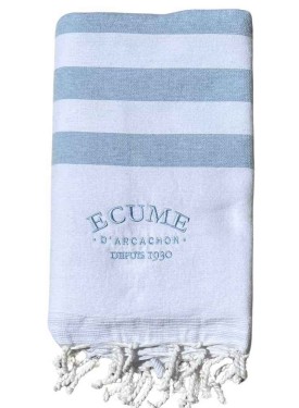 Serviette blanche rayée bleu doux. Nouvelle Collection. Brodée Écume d'Arcachon.
