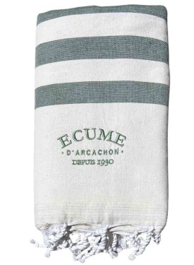 Serviette éponge. Blanc cassé et kaki à rayures. Broderie. Nouvelle collection éphémère.