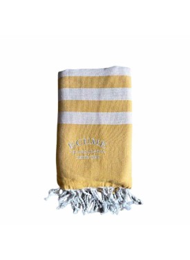 Serviette jaune et blanche à rayures. Collection Écume d'Arcachon.