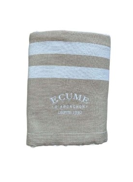 Serviette éponge bi-colors. Beige et blanc. Très chic. broderie Écume d'Arcacon.