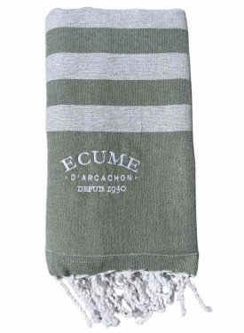 drap de plage kaki pour Écume d'Arcachon. Collection de bain.