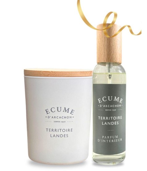 Bougie et spray territoire Landes pour un parfum de maison soutenu au notes de bois torréfiés.