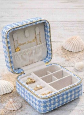 Boîte à bijoux multiples: bagues B.O et bracelets Tissu pied de poule Bleu. Très apprécié!