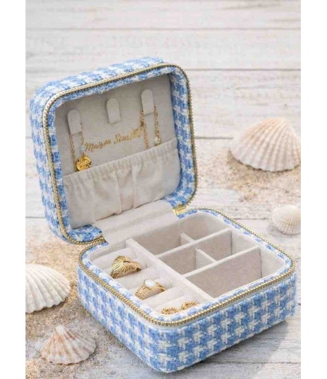 Boîte à bijoux multiples: bagues B.O et bracelets Tissu pied de poule Bleu. Très apprécié!