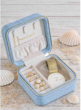 Boîte de rangement pour accessoires bijoux. Très compacte, très pratique. effet lin bleu ciel.