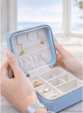Boîte à bijoux en velours bleu ciel.