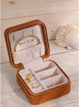Boîte à bijoux en Cuir PU.( C’est une alternative au cuir animal, conçue à partir d’un support textile). Couleur camel