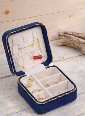 Boîte pour rangement de bijoux très compacte. Velours bleu marine