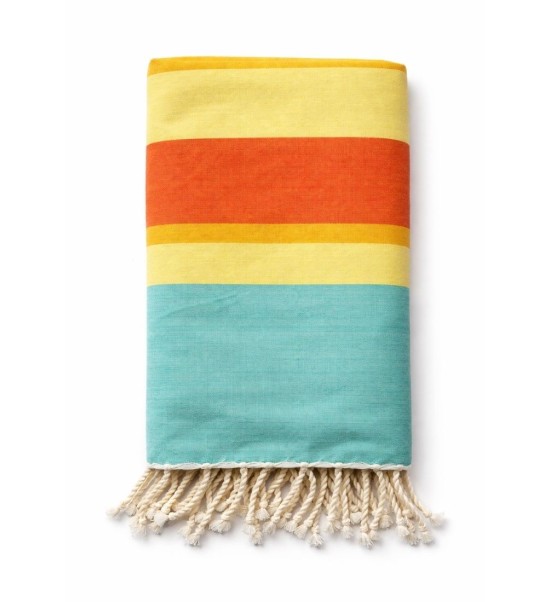 fouta grande taille géométrique. Couleurs ensoleillées. Turquoise et jaune et orange. Brodée pour Écume d'Arcachon