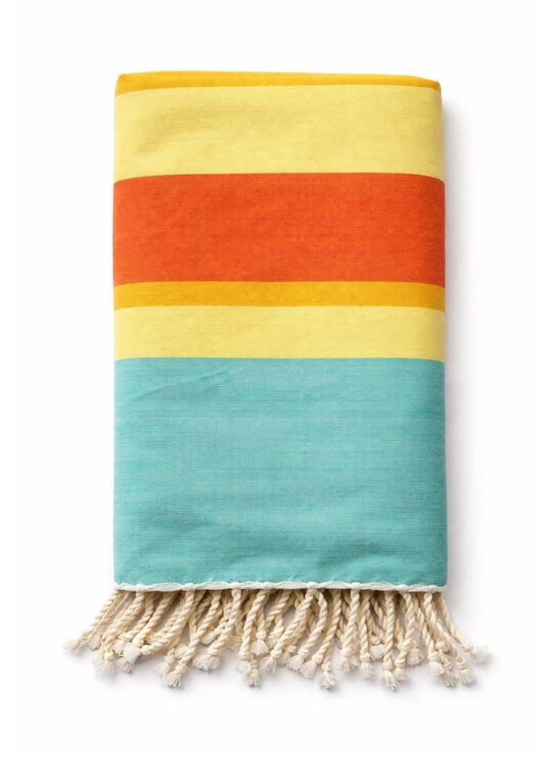 fouta grande taille géométrique. Couleurs ensoleillées. Turquoise et jaune et orange. Brodée pour Écume d'Arcachon