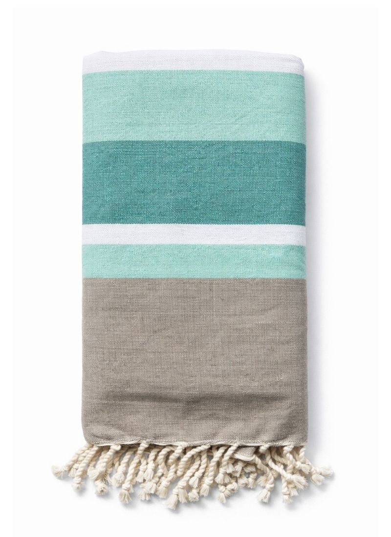 fouta grande taille. Double places. Turquoise et grise. Brodée Écume d'Arcachon.