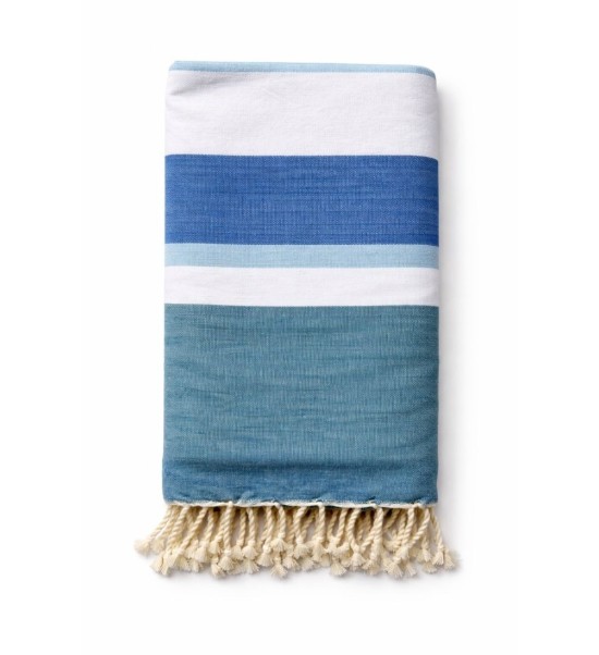 fouta double. Coloris bleus. bandes large. Brodée Écume arcachon.