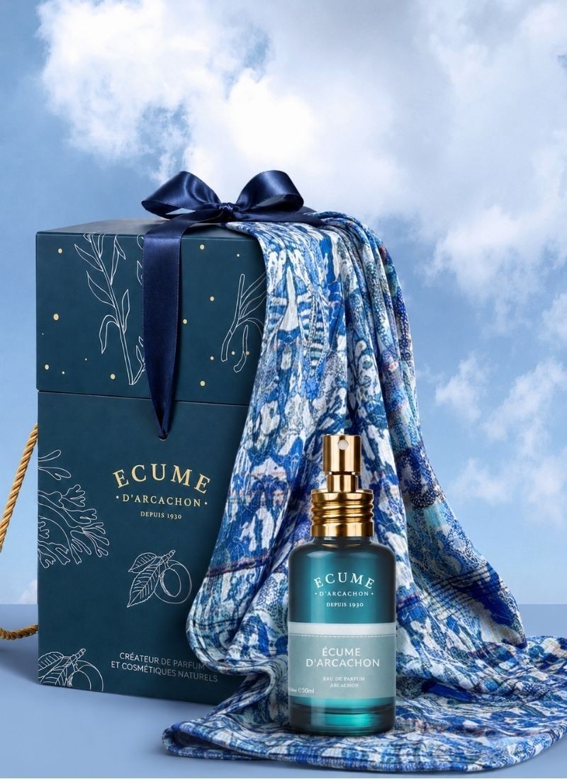 Coffret raffiné pour la fête des mères. Foulard et parfum à prix doux pour une collection éphémère. Écume d'Arcachon