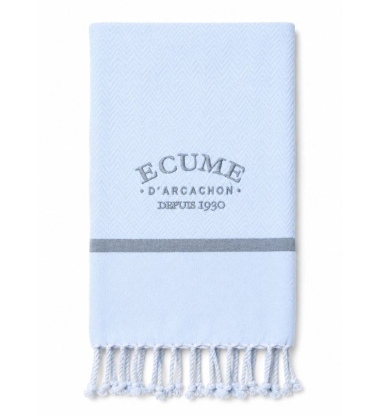 Fouta de plage et linge de maison blanc et gris très chic. Brodée Écume d'Arcachon.