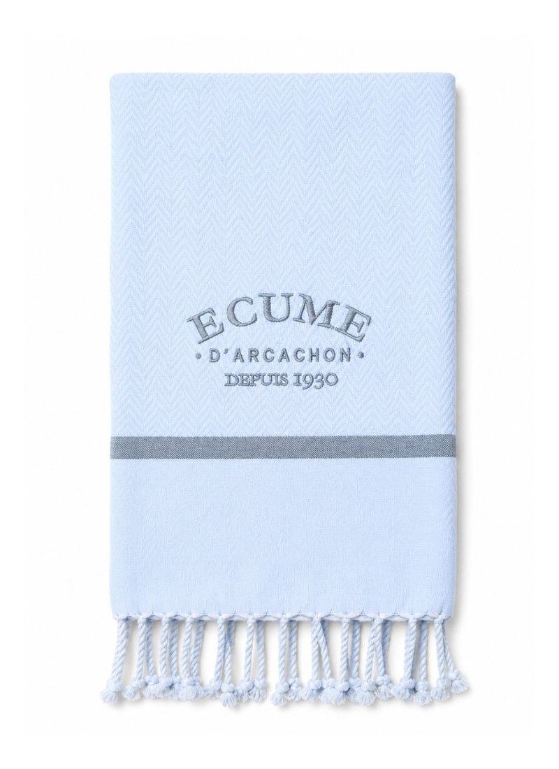 Fouta de plage et linge de maison blanc et gris très chic. Brodée Écume d'Arcachon.