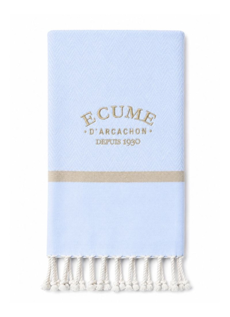 Fouta blanche en tissage à chevrons. très chic avec liseré et broderie en fil d'or.