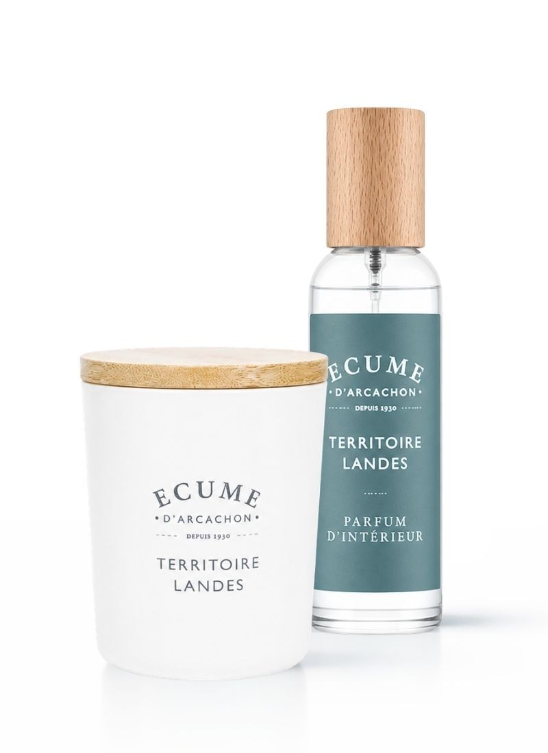 Bougie et spray territoire Landes pour un parfum de maison soutenu au notes de bois torréfiés.