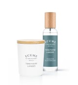 Bougie et spray territoire Landes pour un parfum de maison soutenu au notes de bois torréfiés.
