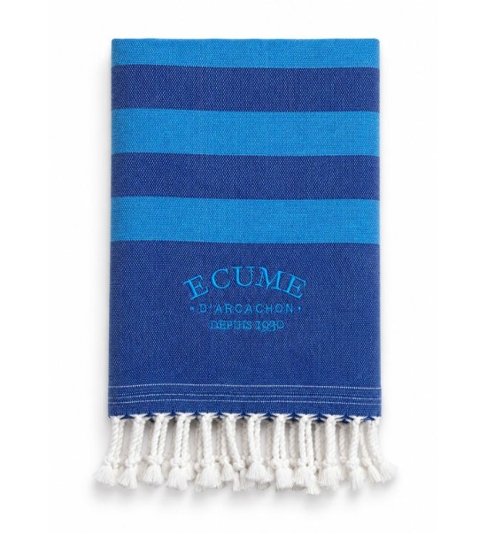 Serviette éponge bleu marine à rayures. Brodées Écume d'Arcachon.