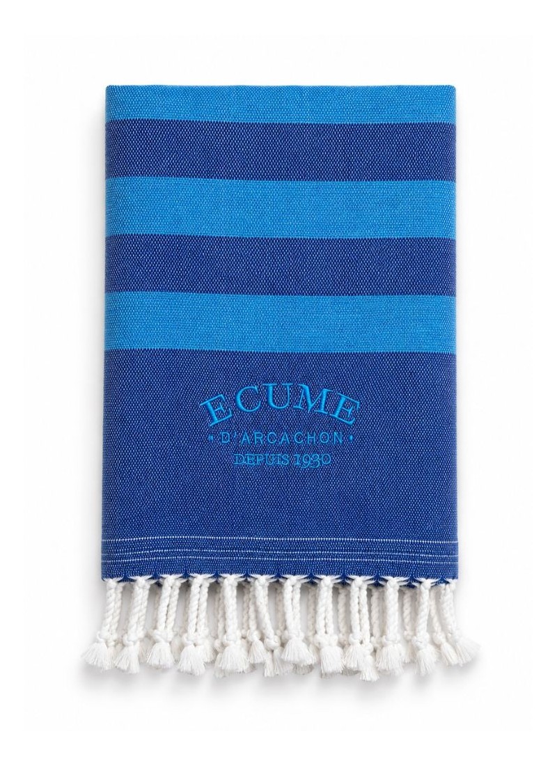 Serviette éponge bleu marine à rayures. Brodées Écume d'Arcachon.